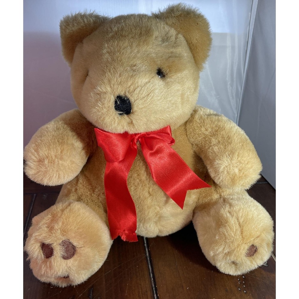 Top Bloom USA 10 Inch Teddy Bear Tan Red Ribbon Bow TBI Plush Animal Vintage